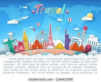 Earth world Colorful with Top world famous landmark and building Blue sky cloud sun with plane balloon on background travel concept blank space for text and content paper art banner Vector 