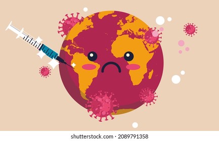 Earth world corona vaccine global dose. Planet care concept coronavirus epidemic health. Immunization vaccination warning covid. Globe map vector illustration pathogen medical injection viral