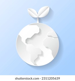 Earth World Environment Eco Sustainability Responsibility Concepto Sapling Sprout Seedling Groing on World Earth Globe 3D White Papercut Paper art style Icono Vector de fondo aislado Ilustración