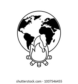 earth world globe with fire burning for climate change disasters vector illustration outline graphic