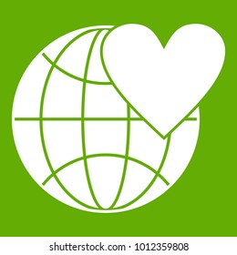 Earth world globe with heart icon white isolated on green background. Vector illustration