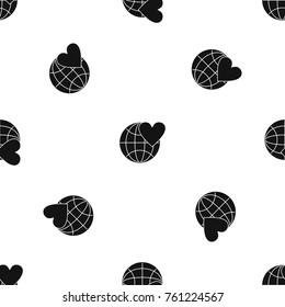 Earth world globe with heart pattern repeat seamless in black color for any design. Vector geometric illustration