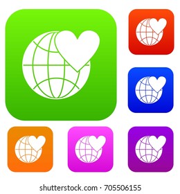 Earth world globe with heart set icon in different colors isolated vector illustration. Premium collection