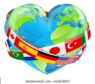 An Earth world globe in a heart shape with country flags around, could be a concept for world Earth Day