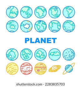 earth world globe planet icons set vector. map global, graphic sphere, environment ecology, green nature, eco continent earth world globe planet color line illustrations