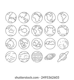 earth world globe planet icons set vector. map global, graphic sphere, environment ecology, green nature, eco continent earth world globe planet black contour illustrations