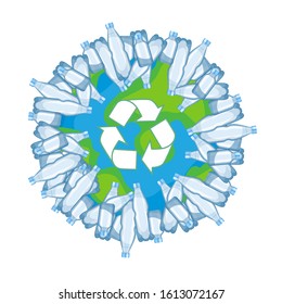 Earth world globe and plastic bottle waste. Concept of plastic pollution and ecology. Vector illustration. Isolated on white background.
