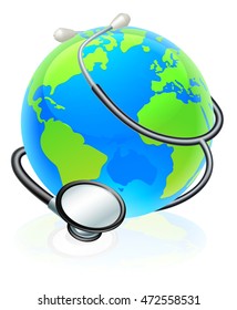 An earth world globe with a stethoscope wrapped around it.