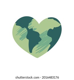 Earth world in heart shape on white background