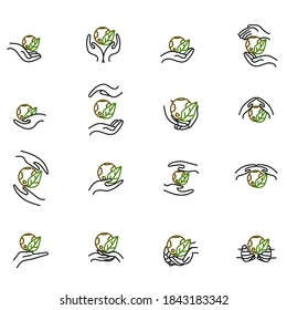 Earth, world, leaf, Earth, world, planet seamless pattern, background. Saving nature. Vector illustration. in hands set. Icons bundle. Saving nature. Vector illustration.