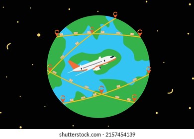 The Earth world map surrounded by cardboard boxes, airplane and paper box with location illustration design.