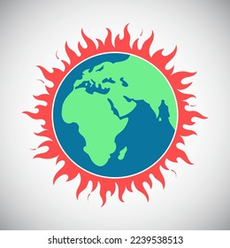 Earth, world on fire vector round illustration. Global warming, world war or crisis concept. Simple colorful globe drawing. Round fire crown. Climate change ecological disaster, end of the world.