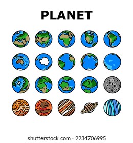 earth world planet globe map icons set vector. space blue, nature geography, environment ecology, sphere science, day ocean blue earth world planet globe map color line illustrations