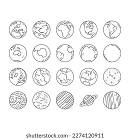 earth world planet globe map icons set vector. space blue, nature geography, environment ecology, sphere science, day ocean blue earth world planet globe map black contour illustrations