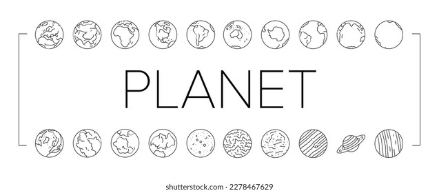 earth world planet globe map icons set vector. space blue, nature geography, environment ecology, sphere science, day ocean blue earth world planet globe map black contour illustrations