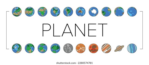 earth world planet globe map icons set vector. space blue, nature geography, environment ecology, sphere science, day ocean blue earth world planet globe map color line illustrations