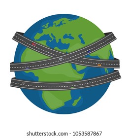 Earth, world planet,  surrounded by roads with cars isolated on white background. Vector illustration.