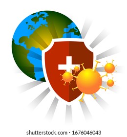Erde / Welt schützen sich mit einem Schild zur Abwehr von Coronavirus - Vektorillustration