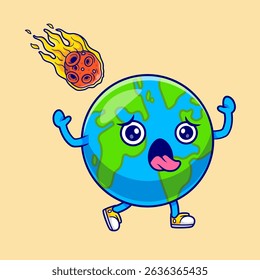 Earth World Running From Meteor Cartoon Vector Icon Illustration. Science Technology Icon Concept Isolated Premium Vector. Flat Cartoon Style
