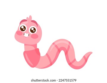 Earth Worm Cartoon Character Crawling Isolated on White Background. Cute Funny Earthworm with Big Eyes, Compost Insect of Pink Color. Nature, Wildlife Creature. Vector Illustration