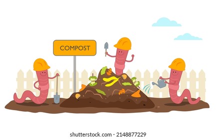 Earth worms work to create a compost heap. Vector illustration isolated on white background. Worm composting.