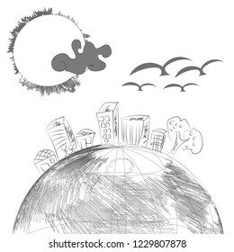 Earth write drawing doodle cartoon 3d vector illustration,Earth with a town ,the sun,group of bird and the cloud.