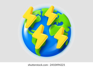The Earth with yellow thunderbolts. 3d vector illustration
