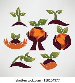 Earth in your hands, vector collection of ecological symbols and signs