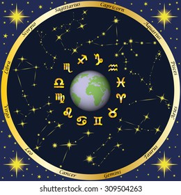 Earth, zodiac signs and zodiac constellations. Astrology. Horoscope.