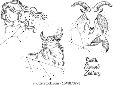 Earth Zodiac Signs. Earth Element. Virgo Zodiac sign, Taurus Zodiac sign, Capricorn Zodiac sign. Line work art.