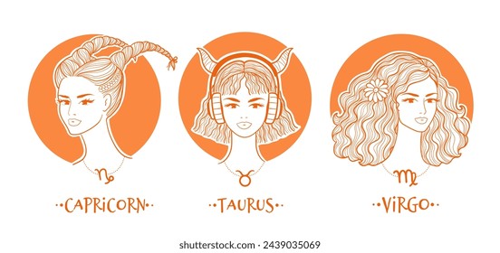 Earth zodiac signs girls collection. Vector illustration of beautiful women. Taurus, Virgo and Capricorn horoscope set.	