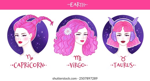 El zodíaco de la Tierra señala la colección de las niñas. Ilustración de color de Vector de mujeres hermosas. Conjunto de horóscopos de Tauro, Virgo y Capricornio.