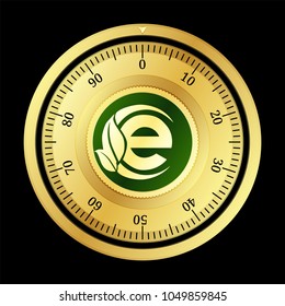 EarthCoin (EAC) cryptocurrency safe lock. Eps10 vector illustration isolated on black background.
