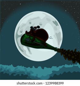 Earthen pig is flying on a bottle of champagne on the background 
of the moon, vector illustration.