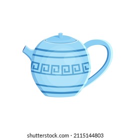 Earthenware ceramic pot blue color  with ornament vector illustration in a cartoon flat style isolated on white background.