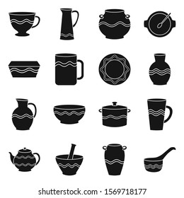 Earthenware And Ceramic Vector Black Icon Set.Vector Isolated Illustration Mug,jug,pot And Other Earthenware.Icon Set Of Ceramic Dish,bowl And Vase.