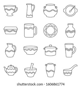 Earthenware And Ceramic Vector Line Icon Set.Vector Isolated Illustration Mug,jug,pot And Other Earthenware.Icon Set Of Ceramic Dish,bowl And Vase.