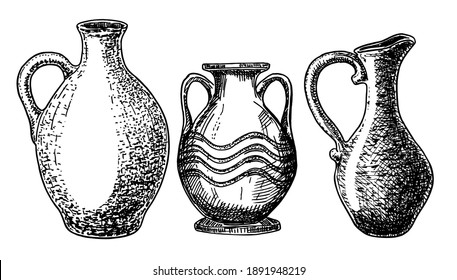 Earthenware And Ceramic Vector Sketch Set.Vector Isolated Illustration Jug And Other Earthenware. Icon Set Of Ceramic Dish And Vase.