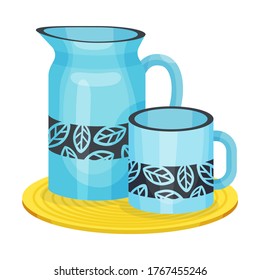 Earthenware Pitcher and Mug Standing on Board Vector Illustration