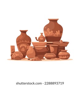 Earthenware pottery bowls and pots icon isolated