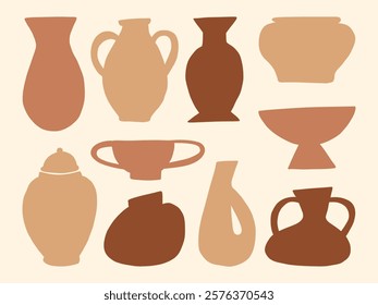 Earthenware Pottery Icon Rustic Style. A collection of minimalist pottery illustrations featuring vases, bowls, and jars in earthy tones, perfect for decor and design projects