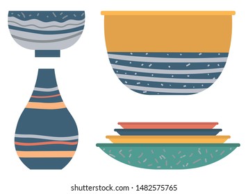 Earthenware vase, soup-plate and bowl decorated by lines and dotted. Handmade and rustic dishware set, plate and ceramic jug on white, rustic dish. Vector illustration in flat cartoon style