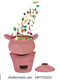 earthenware with vegetables, cooking vector design