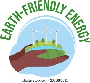 Ilustración aislada del vector 2D de energía amigable con la Tierra. Aplicación de la energía renovable. Turbinas eólicas ubicadas en terreno abierto y plano sobre fondo de dibujos animados. Escena colorida de la granja eólica