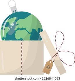 Earth-Friendly Gift Box with Globe Ornament. globe ornament in an eco-friendly gift box, symbolizing sustainability, environmental awareness, and holiday celebrations. Sustainable christmas vector