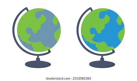 Terra-globo com suporte. Modelo Terra-globo. Mundo globo com suporte. Mapa da Terra da Escola. Continentes e esfera modelo oceânico. Educação e viagens. ilustração vetorial sobre fundo branco.