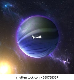 Earth-like planet and the sun behind on space background. Exoplanet with atmosphere. Vector illustration. 