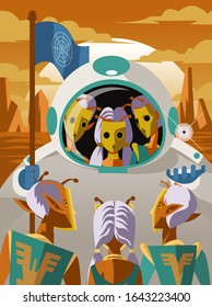 earthling astronaut meeting martians with golden masks 