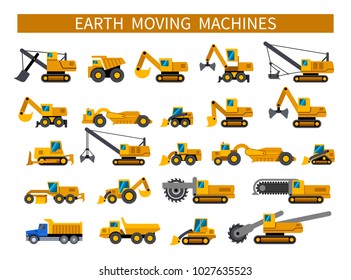 Earthmoving machines. Construction machinery icons set. Earth mover vehicles types. Vector silhouette icons on white background