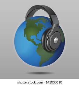 Earthphones, Abstract Vector Artwork.  Illustration of planet earth with headphones.